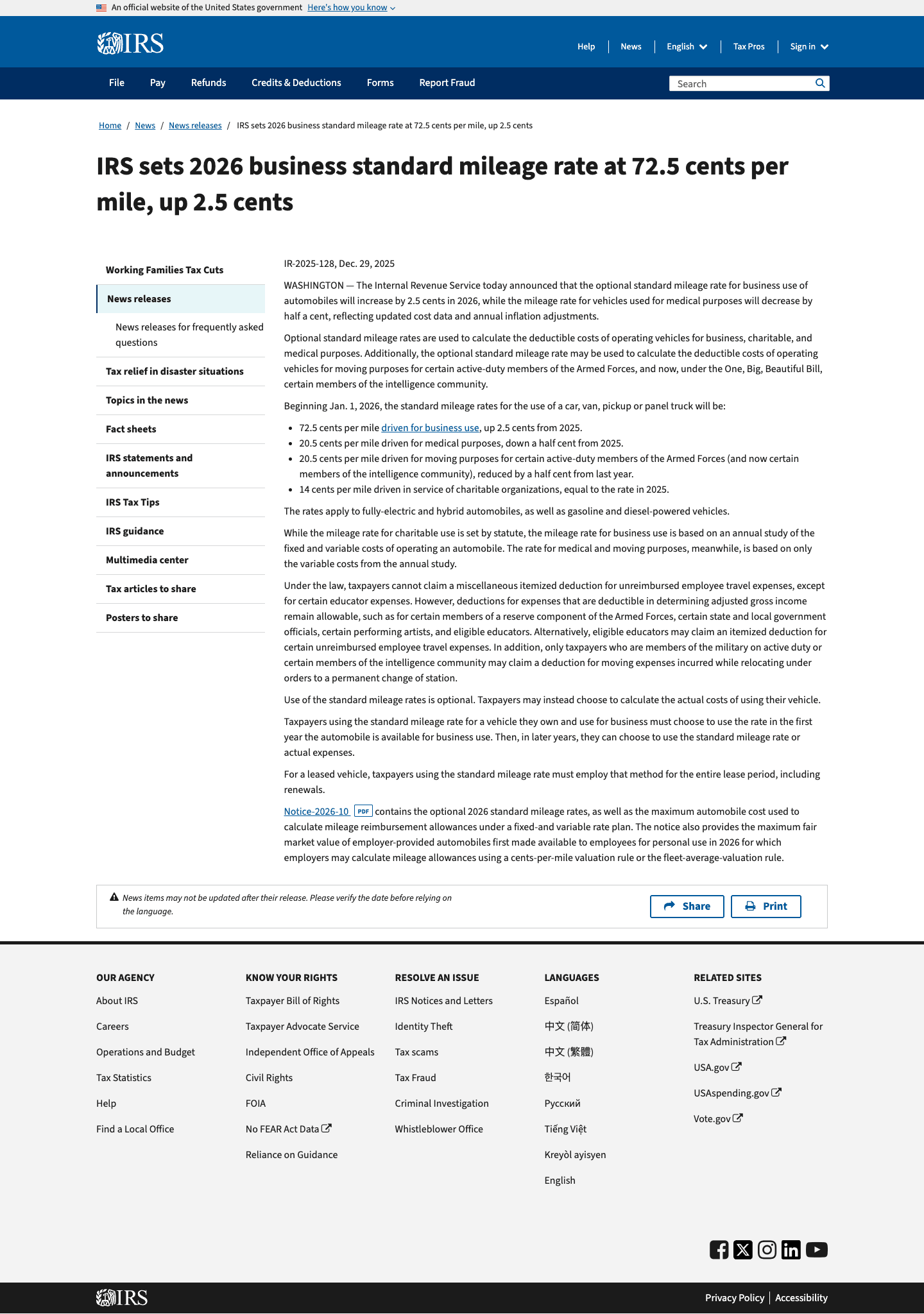 IRS page announcing the 2026 business standard mileage rate of 72.5 cents per mile