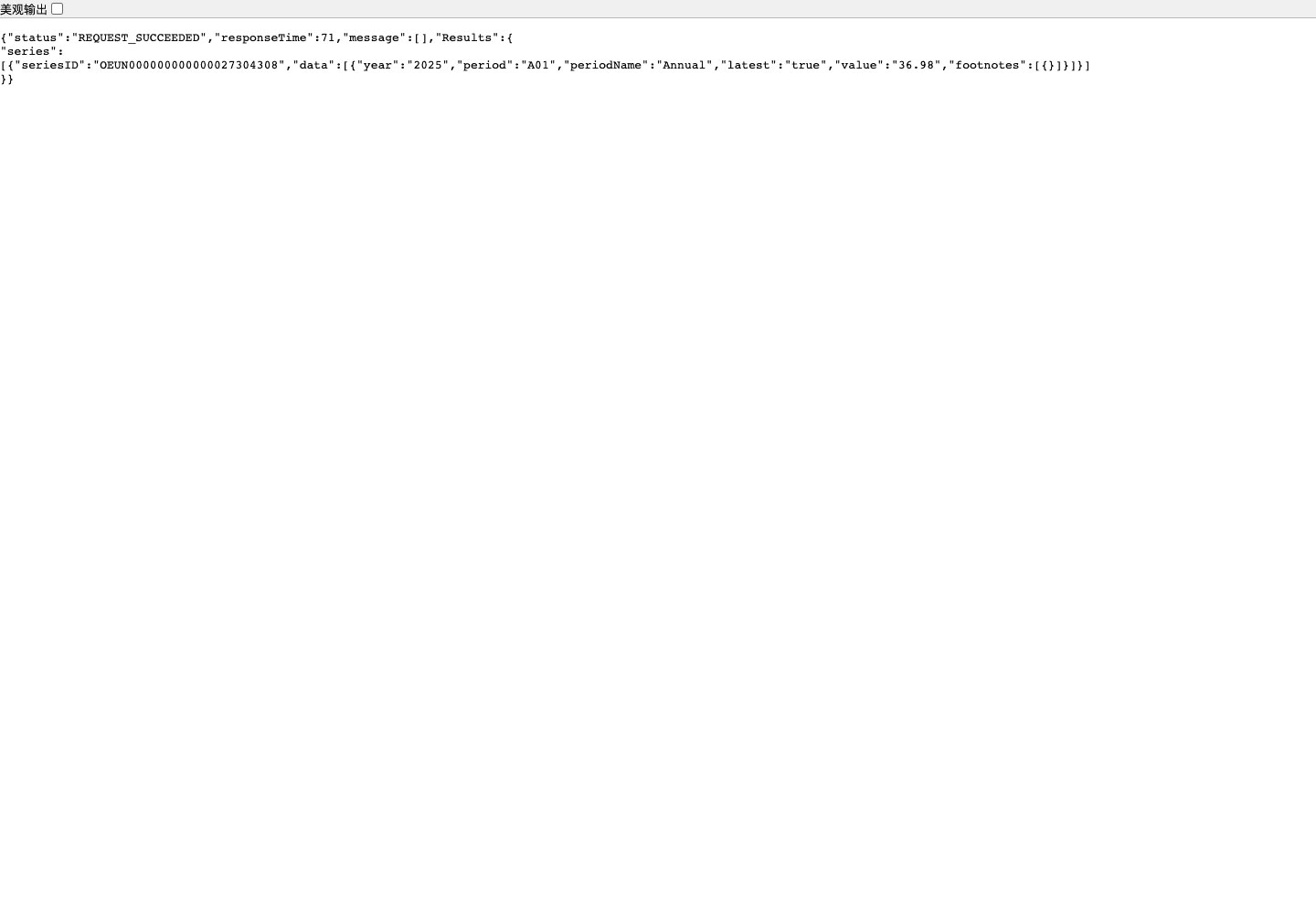 BLS Public Data API response showing a 2025 value of 36.98 for the Writers and Authors median hourly wage series